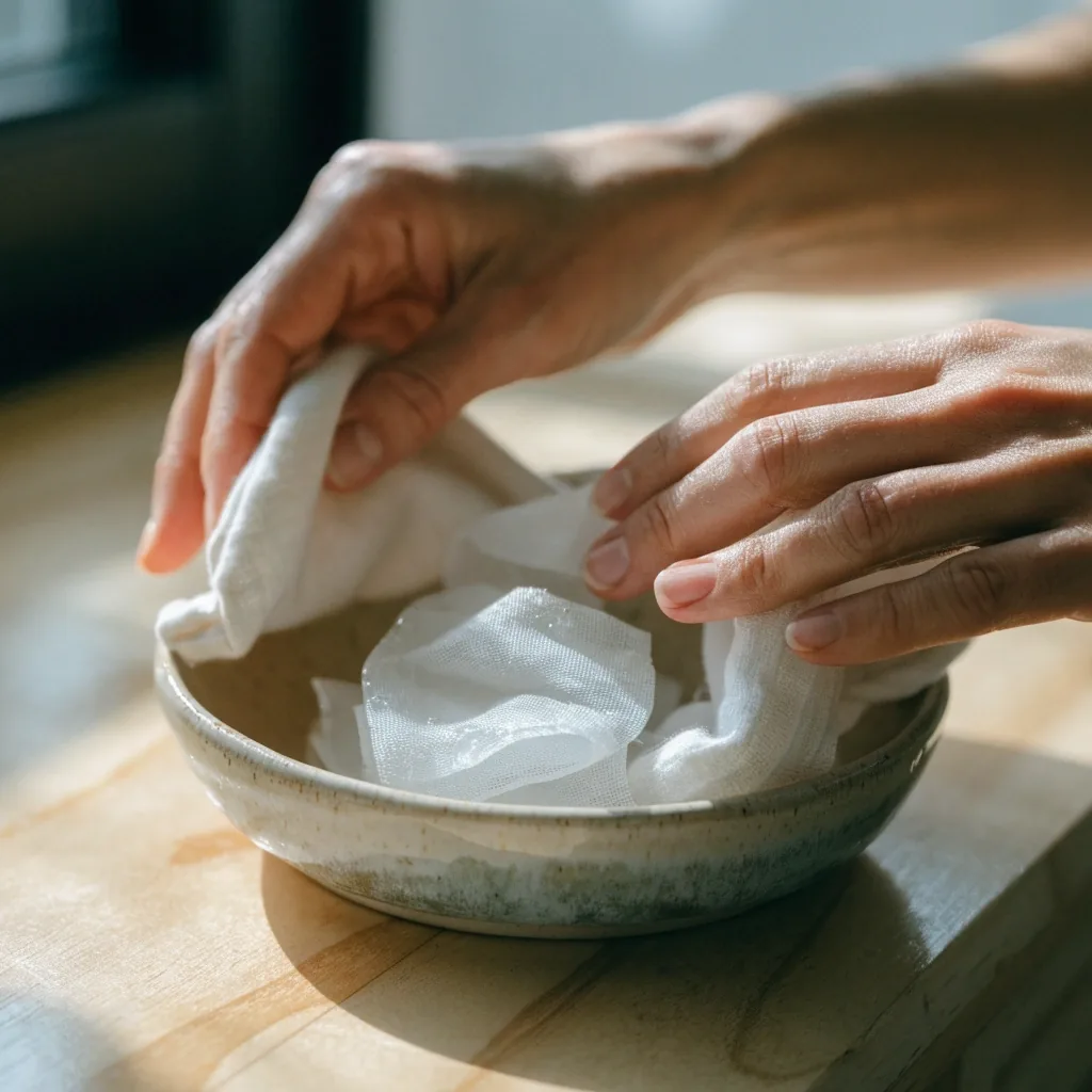 아침 빛이 드는 자작나무 counter 위에 접힌 천과 작은 접시가 놓인 모습