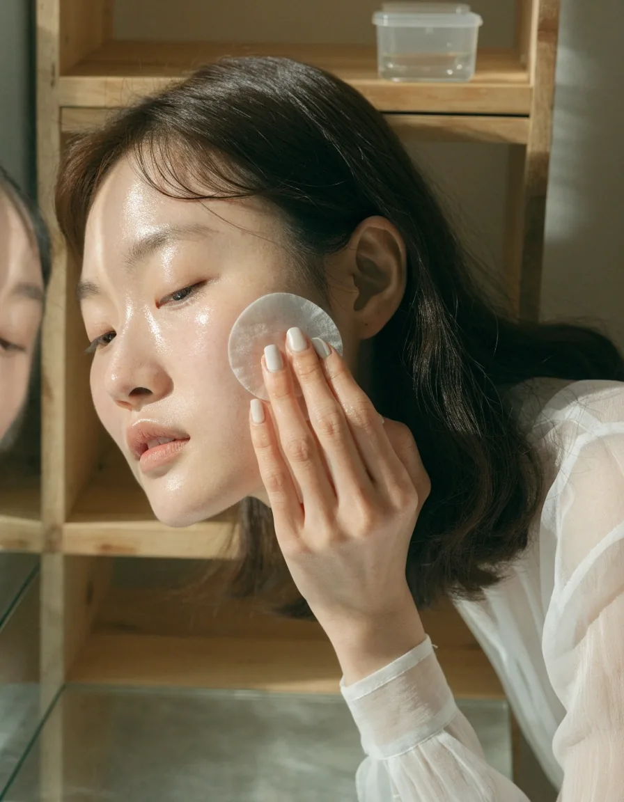 자작나무 선반 위에 단정히 놓인 회복 단계 용기와 천
