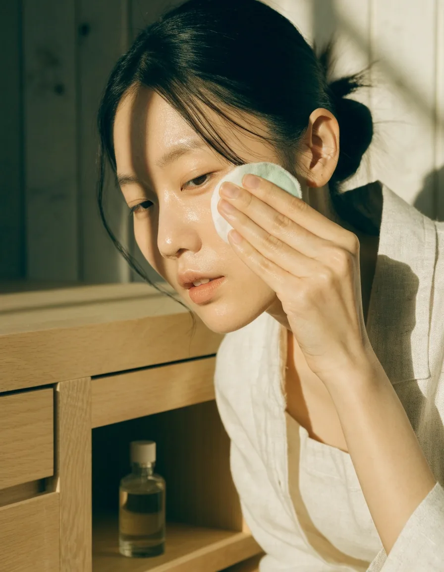 아침 빛이 드는 비어 있는 자작나무 세면대와 정리된 용기들