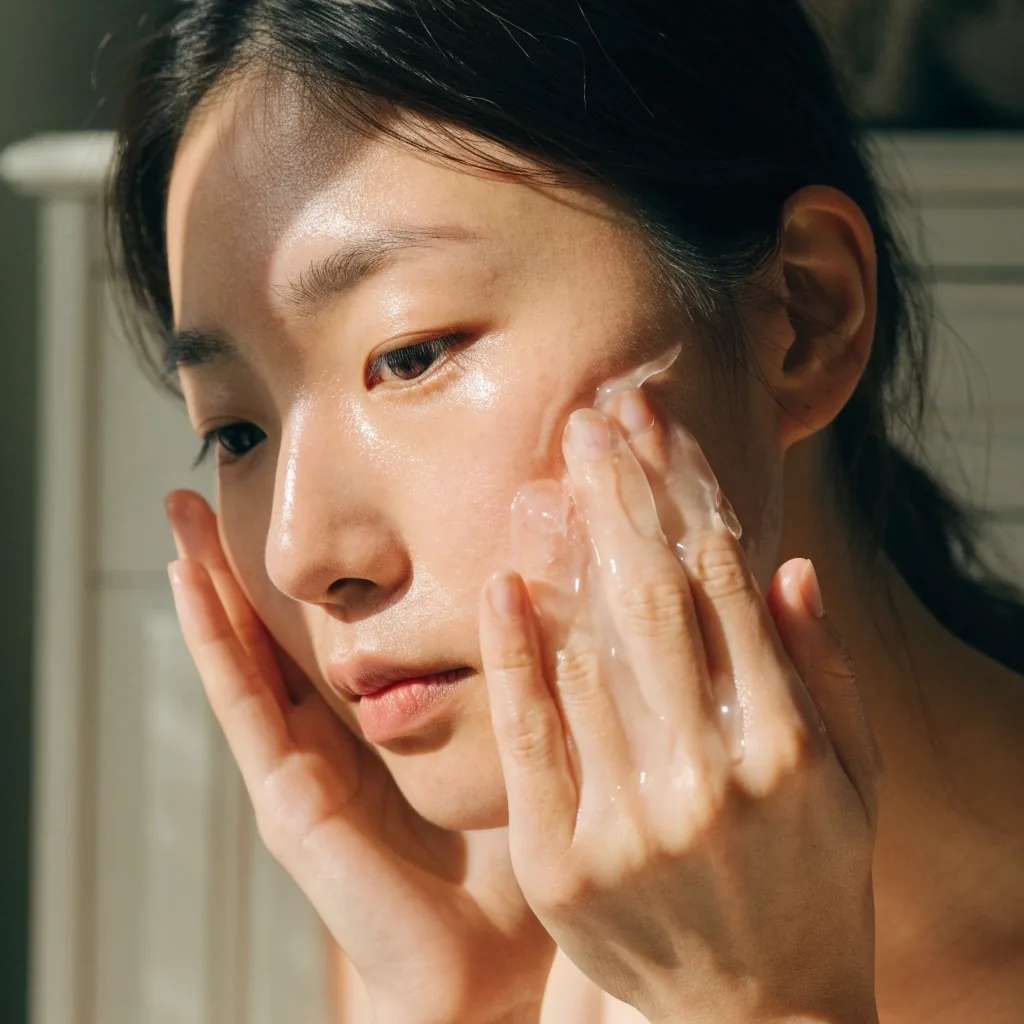사용 순서대로 놓인 에센스와 크림 용기 세 점